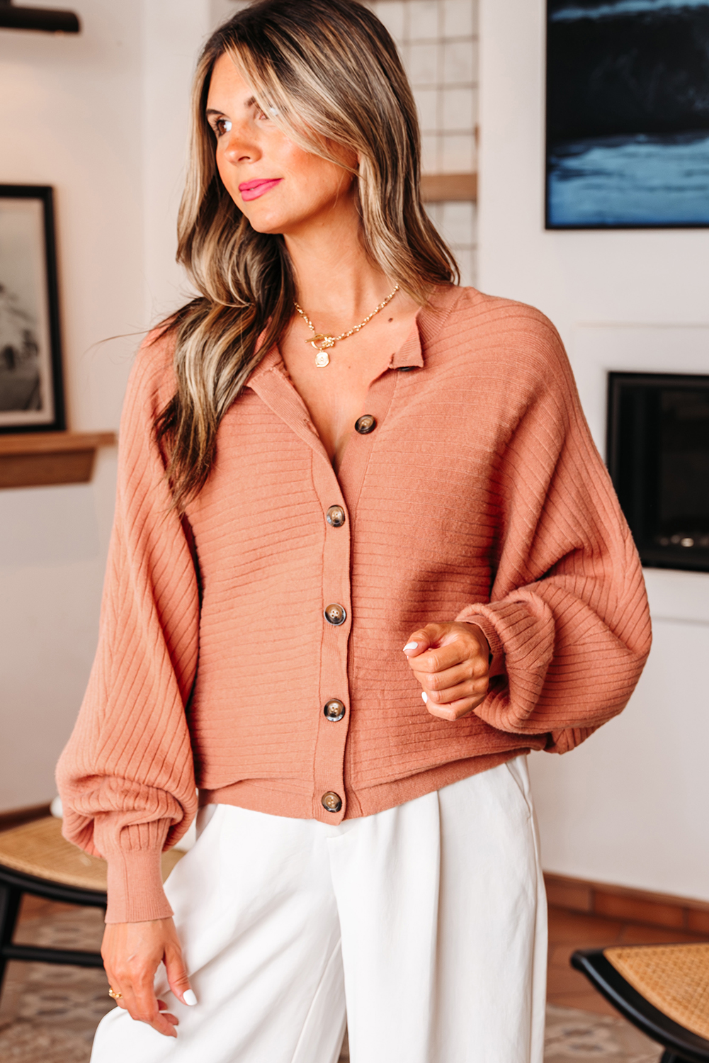 Apricot Pink Wide Rib Knit Button Front Dolman Sleeve Sweater Cardigan - loveforevers