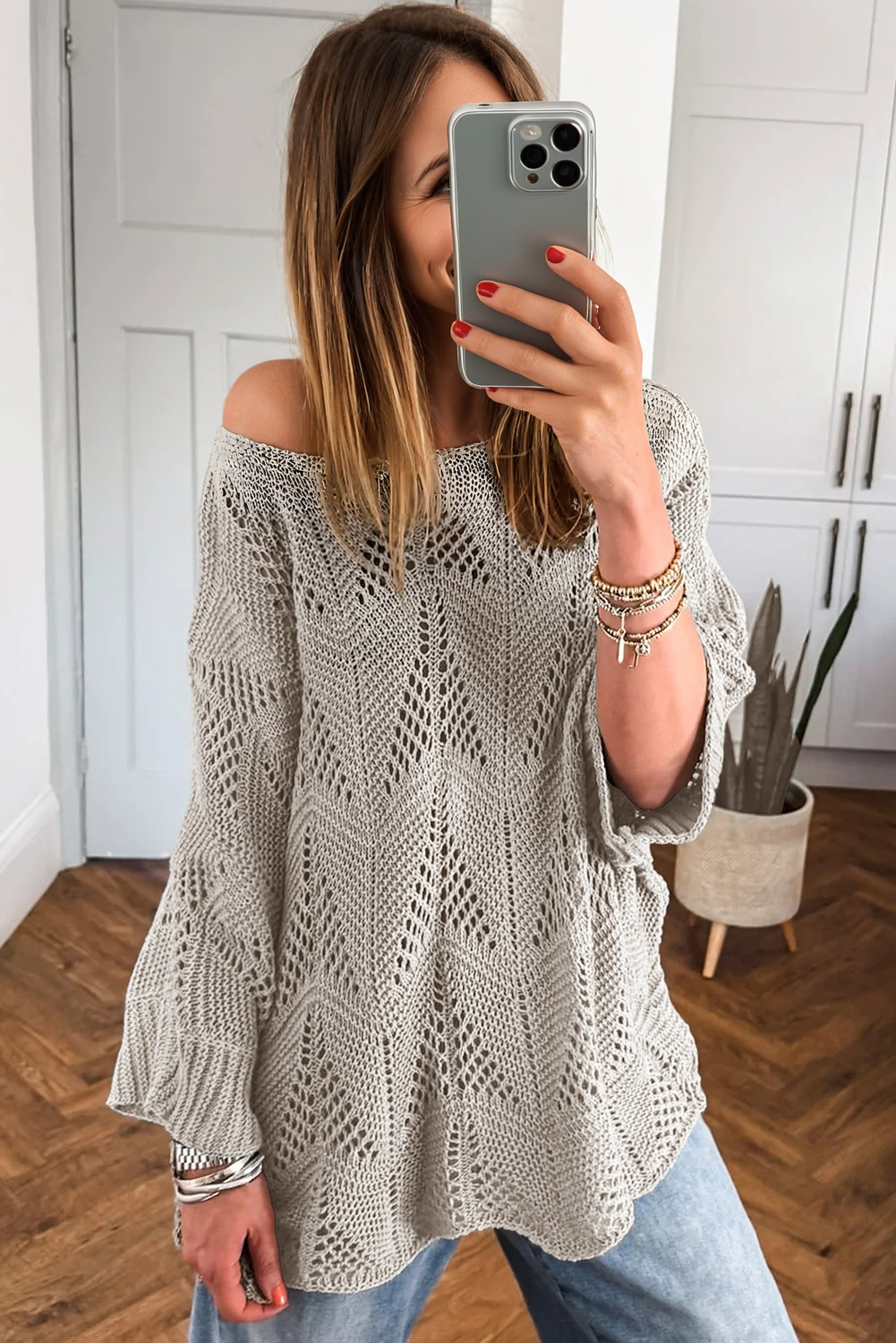 Navy Blue Hollow Out Knit 7/8 Sleeve Casual Sweater - loveforevers