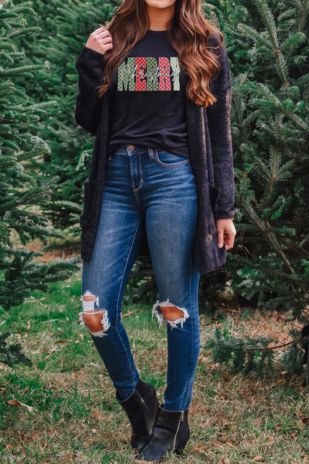Black Plaid Checkered MERRY Christmas Graphic Crew Neck Tee - loveforevers