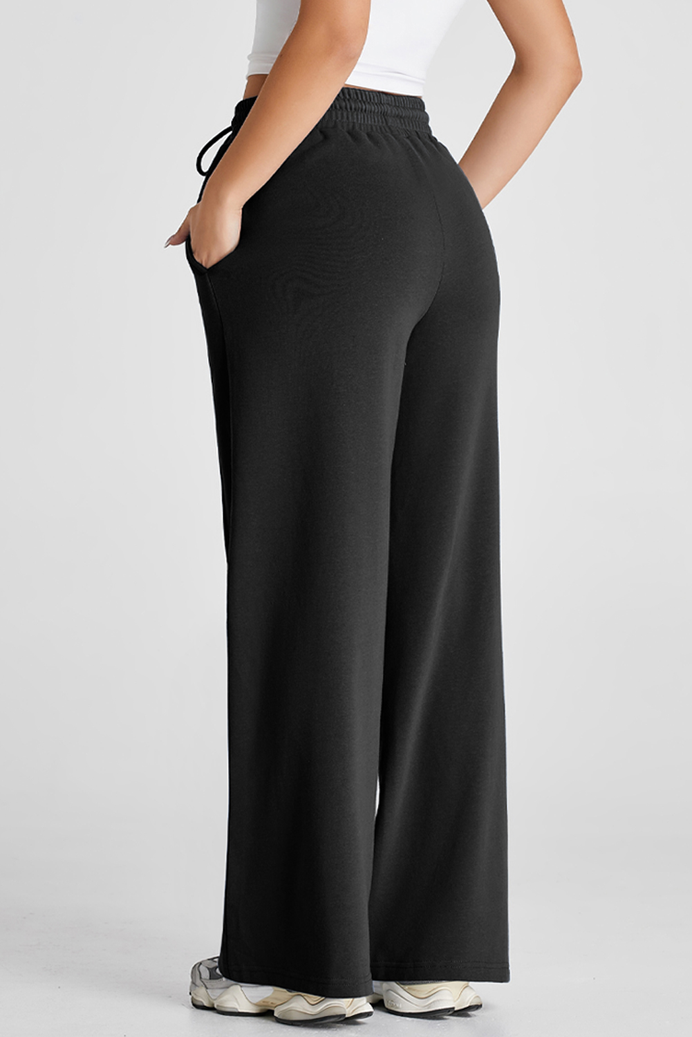 Black Seamed Drawstring High Waist Wide Leg Sweatpants - loveforevers