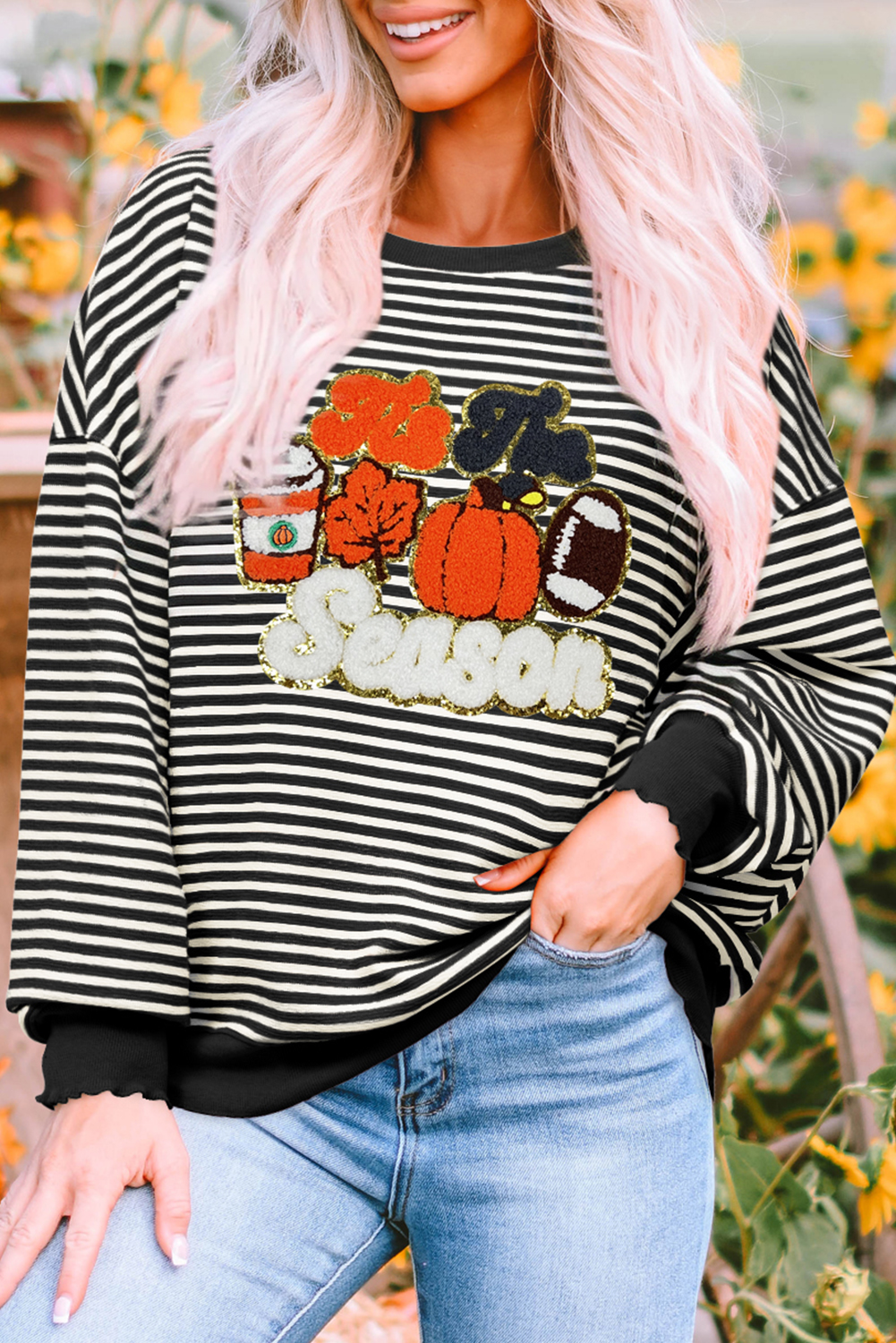 Black Stripe Tis The Season Chenille Patched Graphic Drop Shoulder Long Sleeve Top - loveforevers