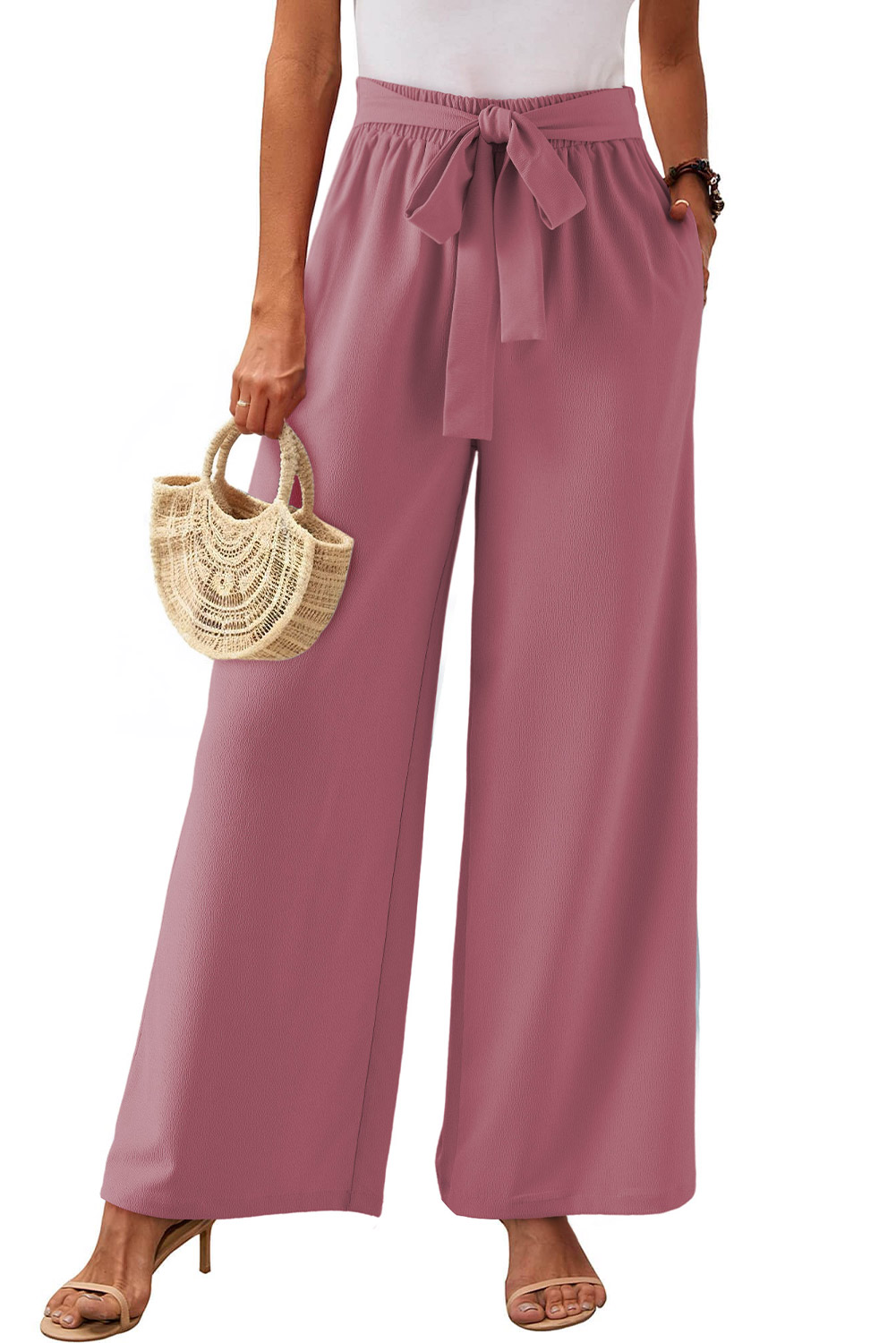Rose Tan High Waisted Tie Front Side Pocket Wide Leg Flowy Casual Pants - loveforevers