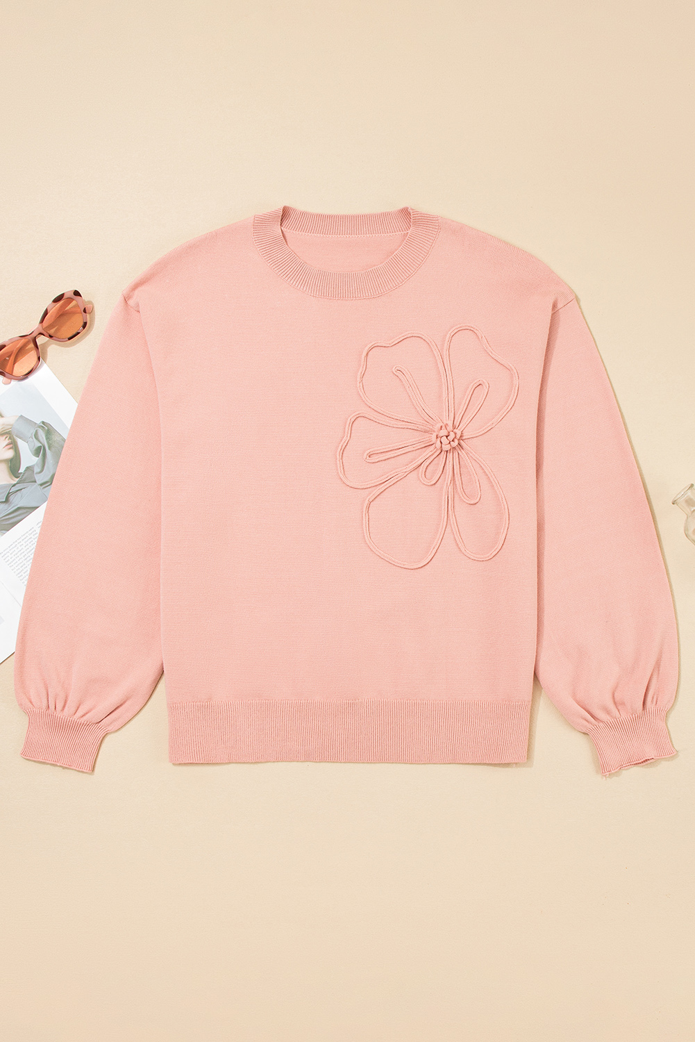Peach Blossom Big Flower Accent Bubble Sleeve Drop Shoulder Sweater - loveforevers