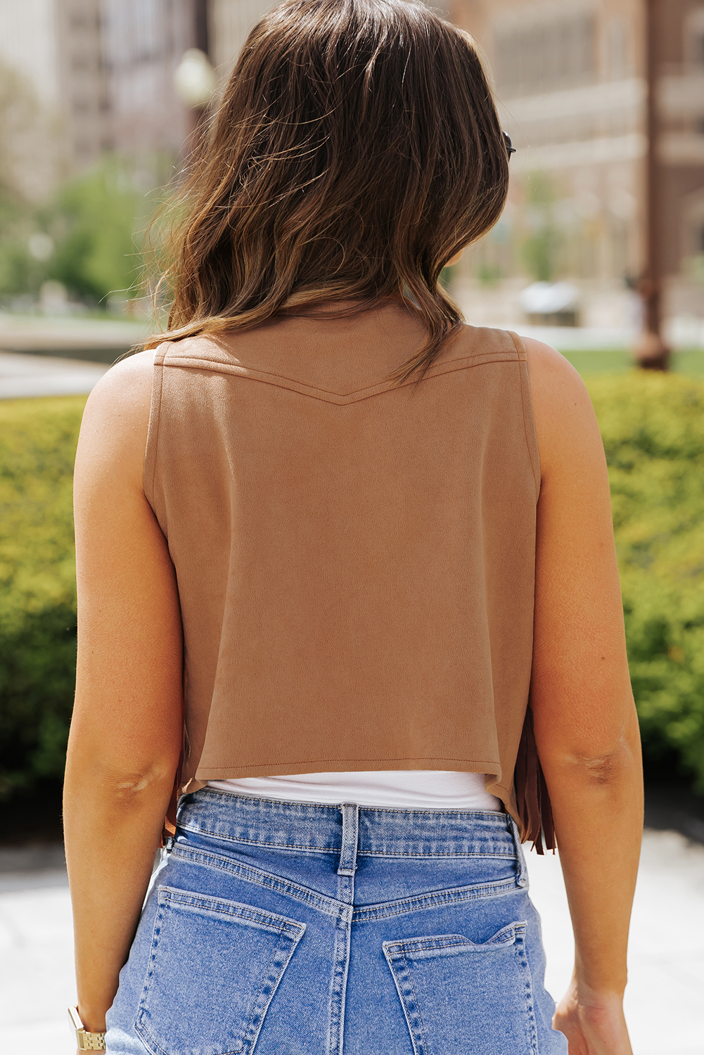 Camel Fringed Snap Button Front Suedette Vest - loveforevers