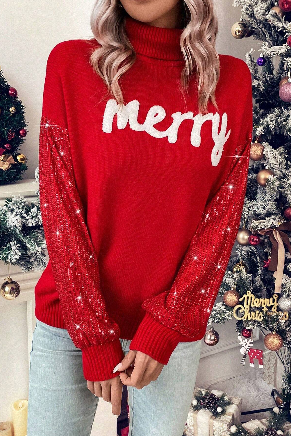 Racing Red Merry Graphic Sequin Sleeves Christmas Turtleneck Sweater - loveforevers