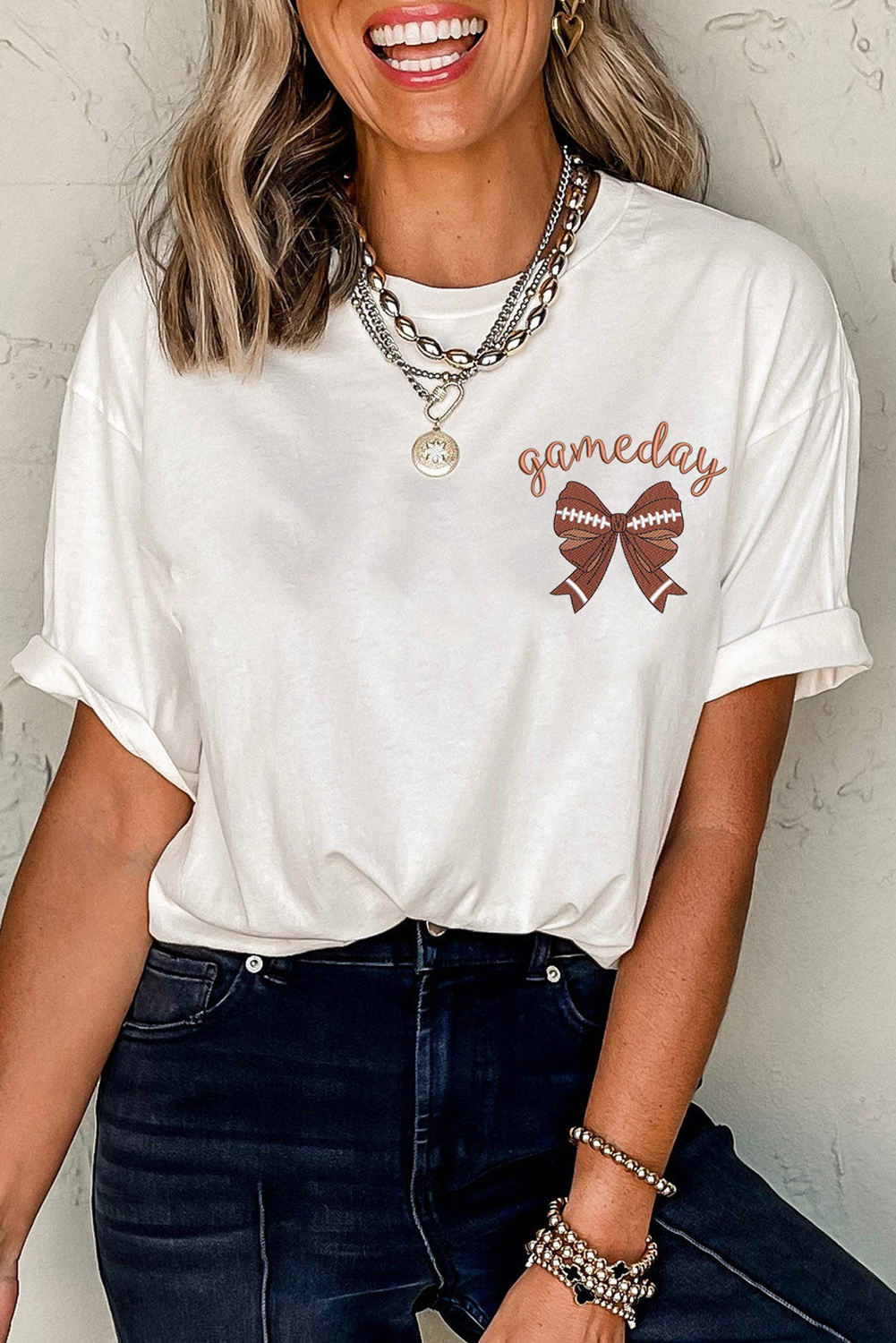 White Game Day Bowknot Embroidered Graphic Casual Tee - loveforevers