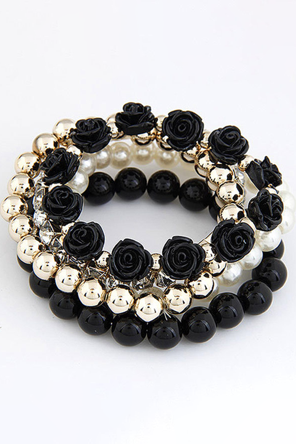 Black Flower Rhinestone Beaded Multi Layer Bracelet Set - loveforevers