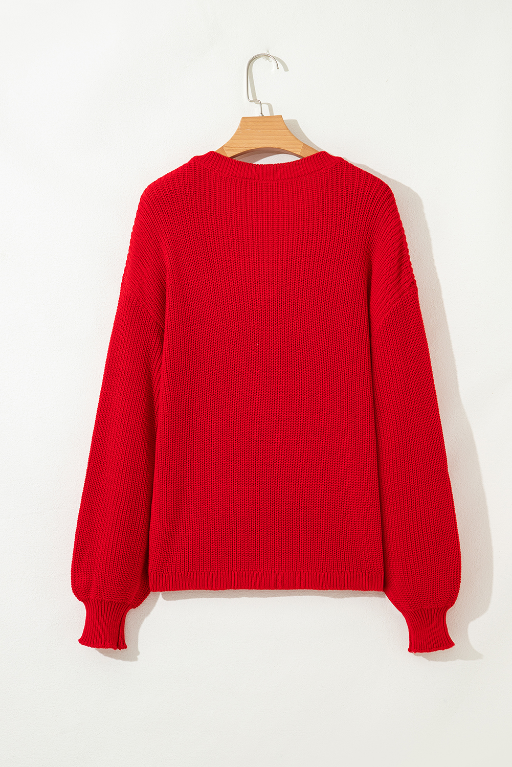 Racing Red Solid Textured Knit V Neck Drop Shoulder Sweater - loveforevers