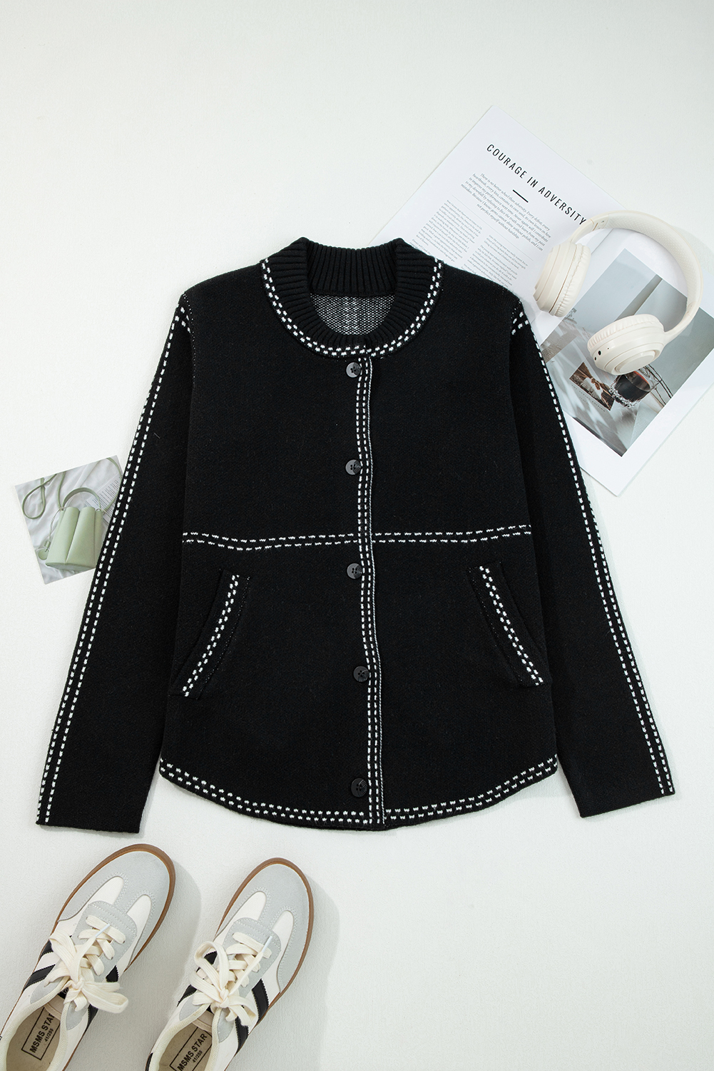 Black Contrast Trim Button up Sweater Cardigan - loveforevers