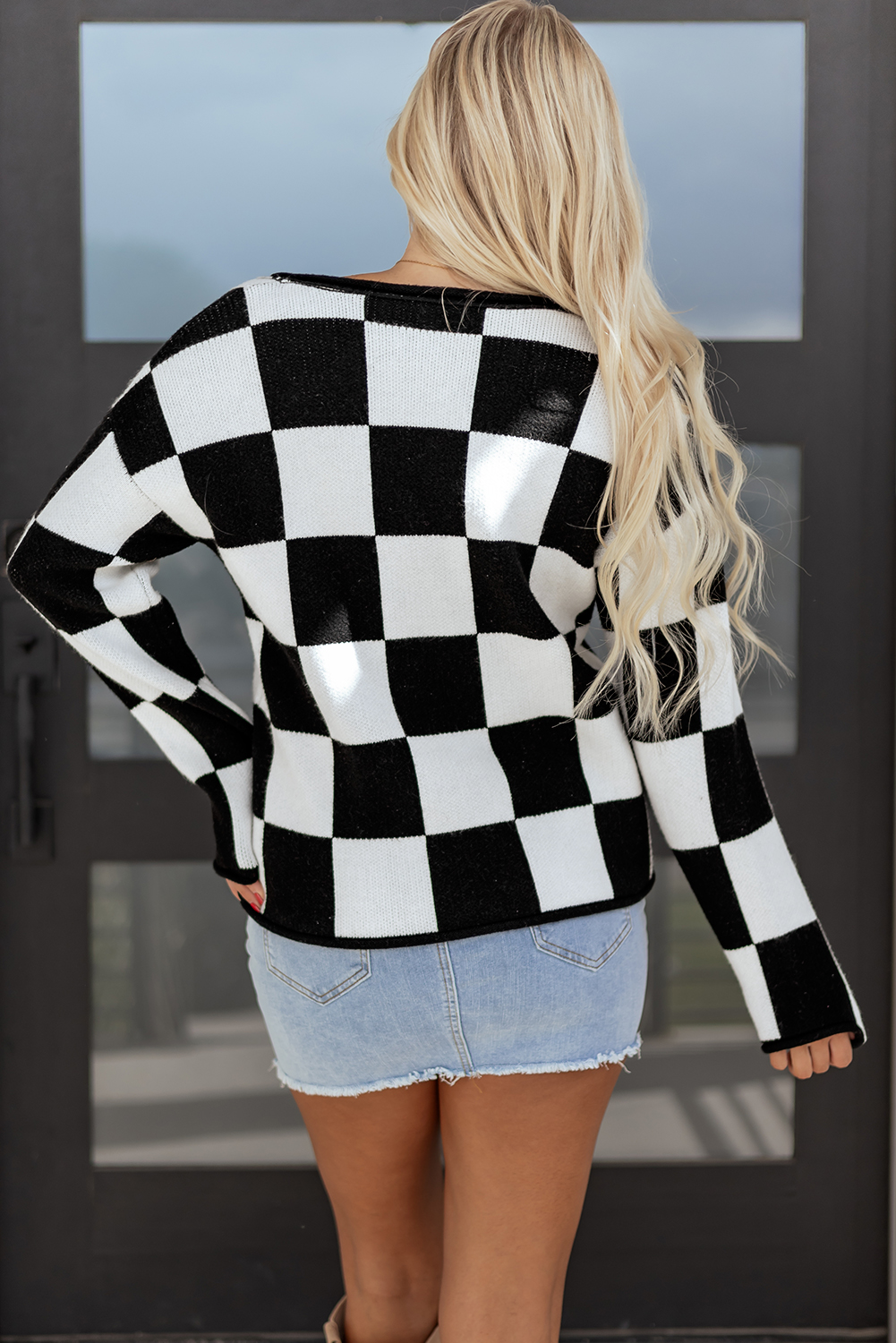 Black Checked Notched Neckline Drop Shoulder Knit Sweater - loveforevers