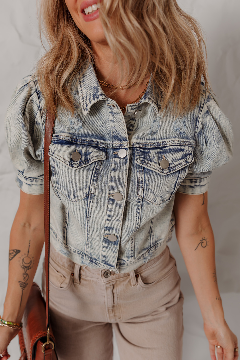 Beau Blue Light Wash Buttoned Chest Pocket Puff Sleeve Denim Jacket - loveforevers