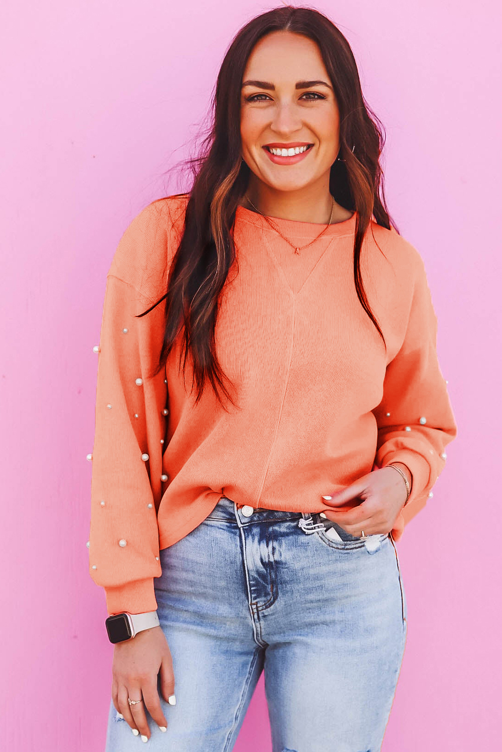 Myosotis Pearled Sleeves Drop Shoulder Round Neck Pullover Sweatshirt - loveforevers