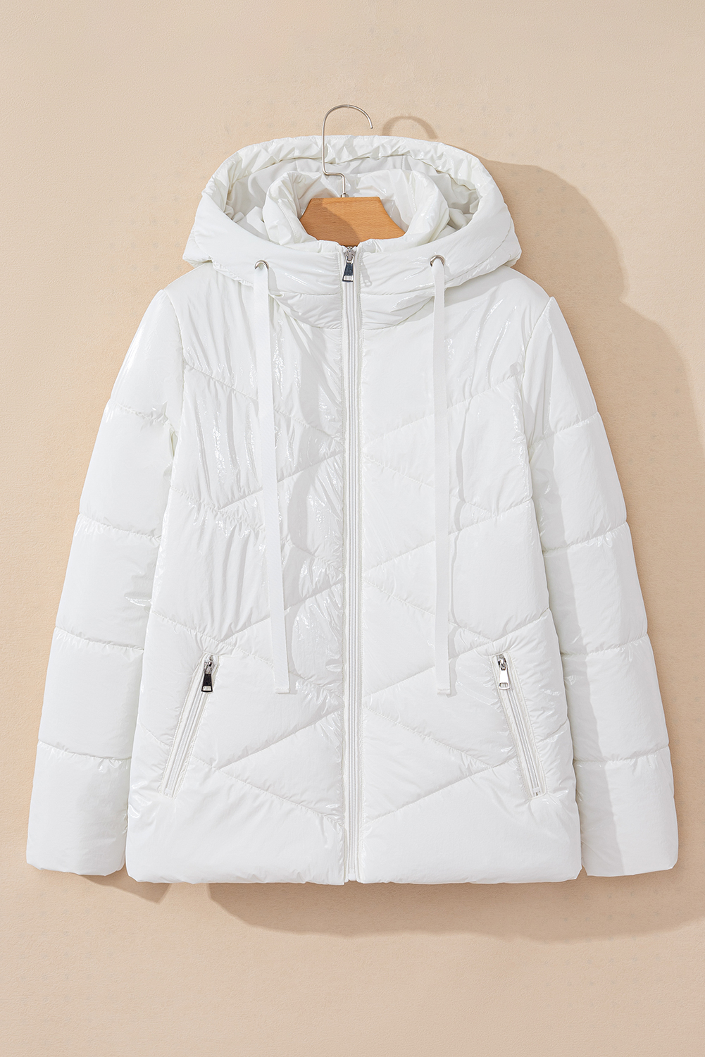 White Solid Quilted Hooded Zip Up Puffer Coat - loveforevers