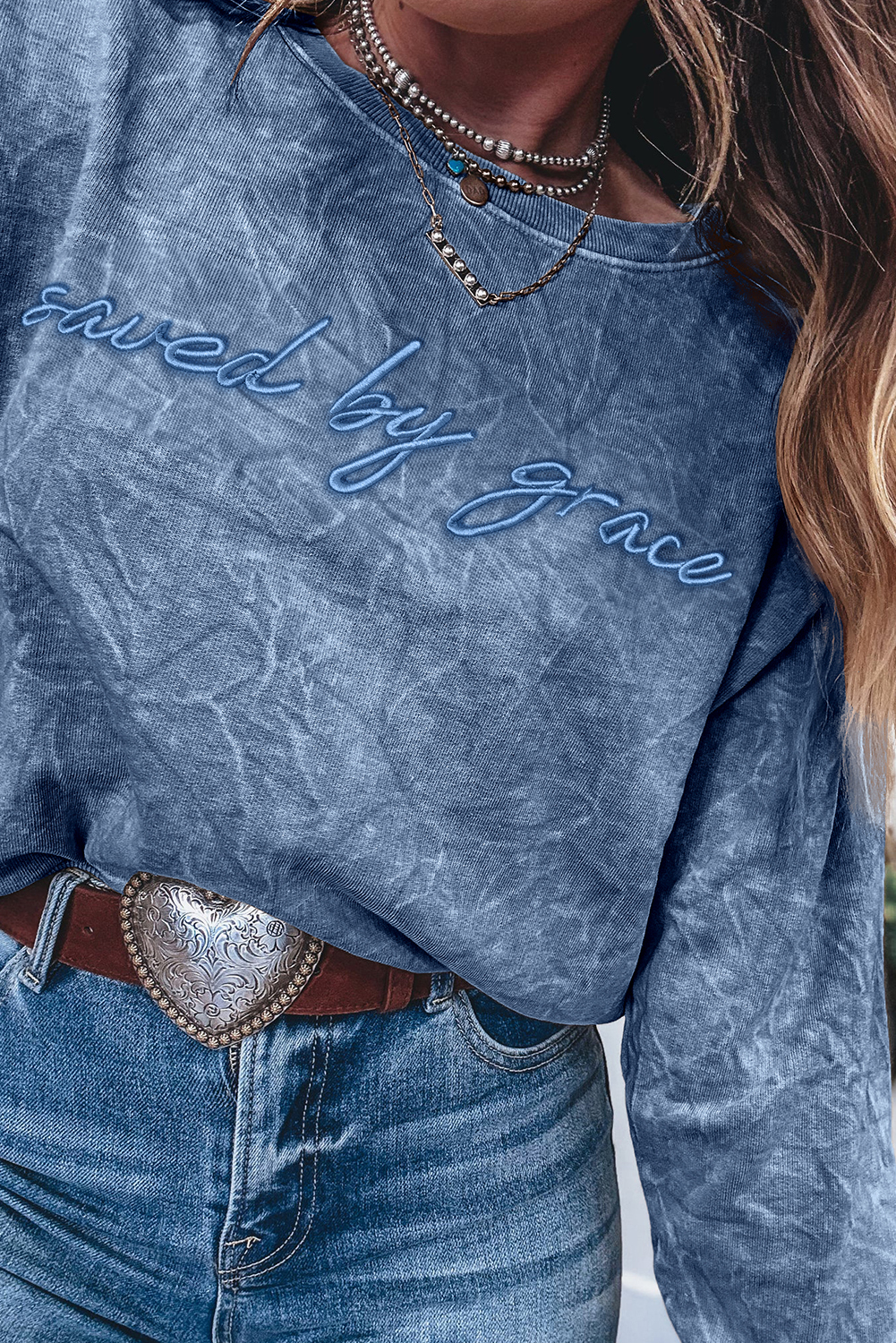 DUNE saved by grace Letter Embroidery Mineral Wash Loose Sweatshirt - loveforevers