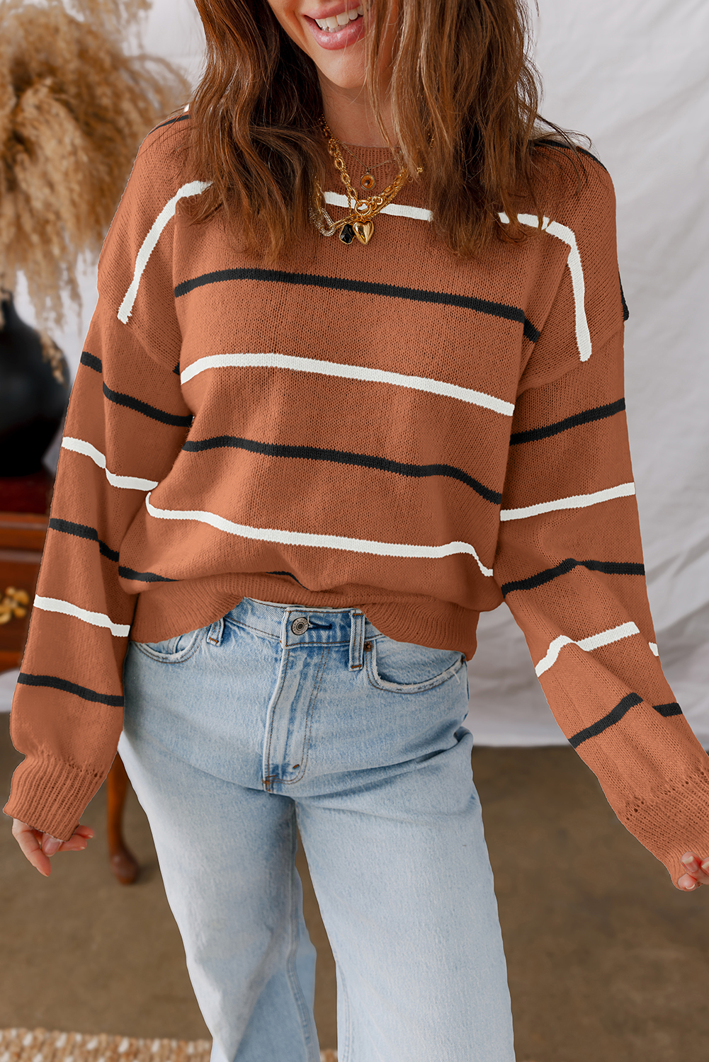 Multicolour Striped Buttoned Front V Neck Drop Shoulder Cardigan Sweater - loveforevers