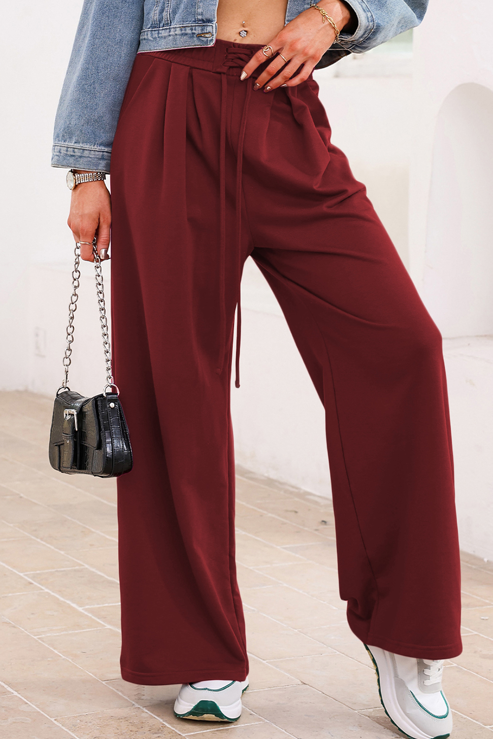 Burgundy Tied Elastic High Waist Pleated Detail Solid Sweatpants - loveforevers