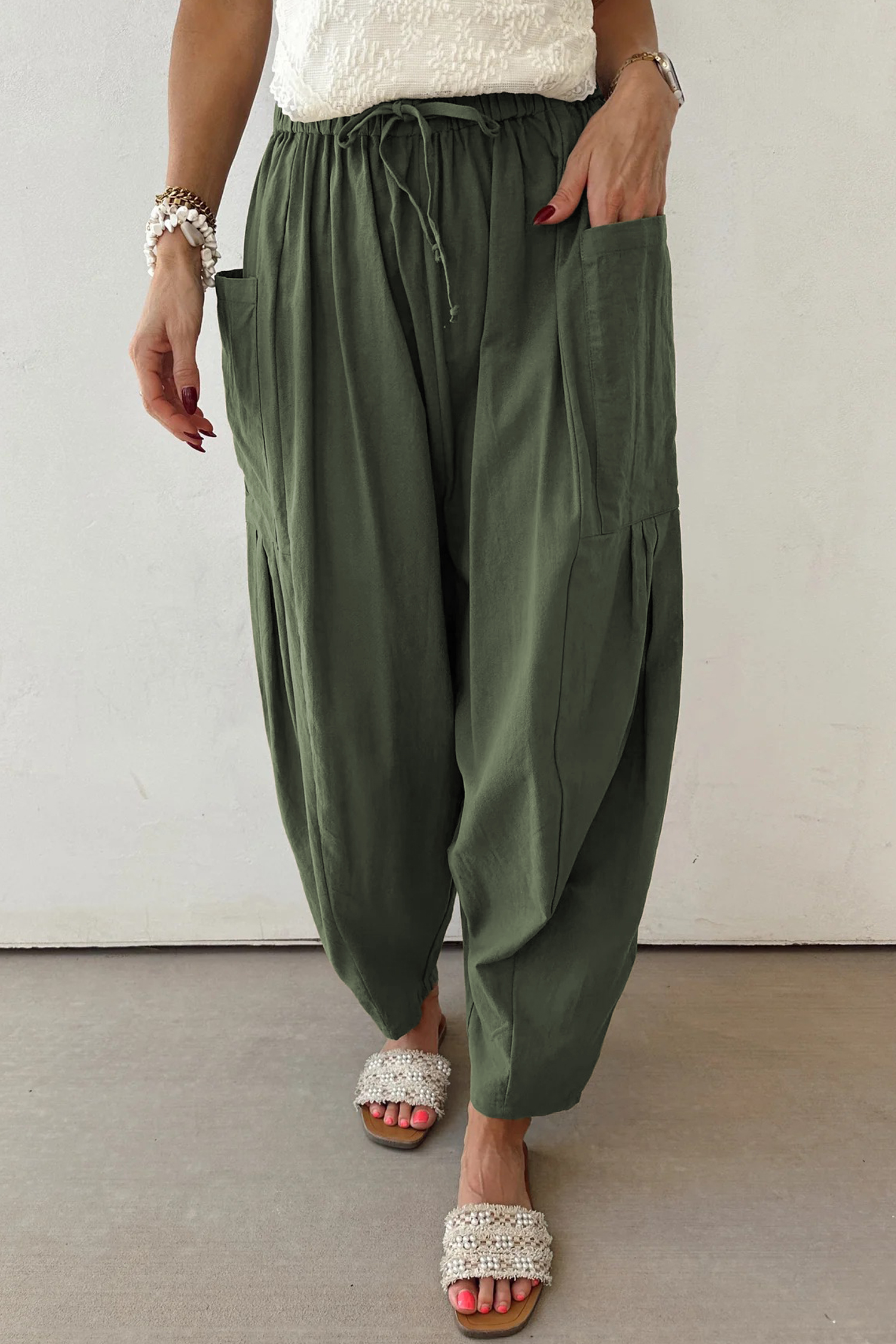 Black Drawstring Elastic Waist Patch Pocket Barrel Leg Casual Pants - loveforevers