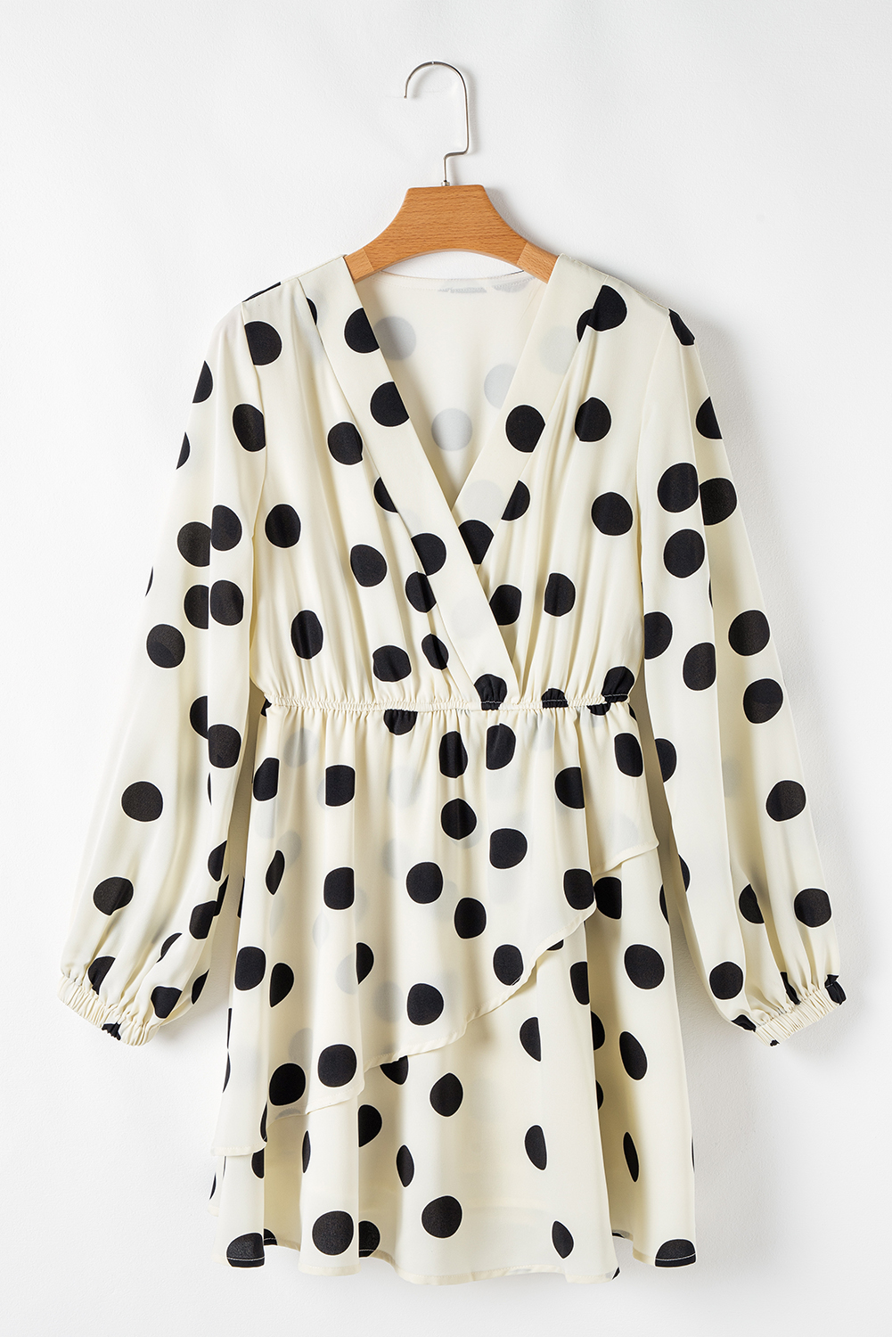 Beige Polka Dot Printed Surplice V Neck Puff Sleeve Mini Dress - loveforevers