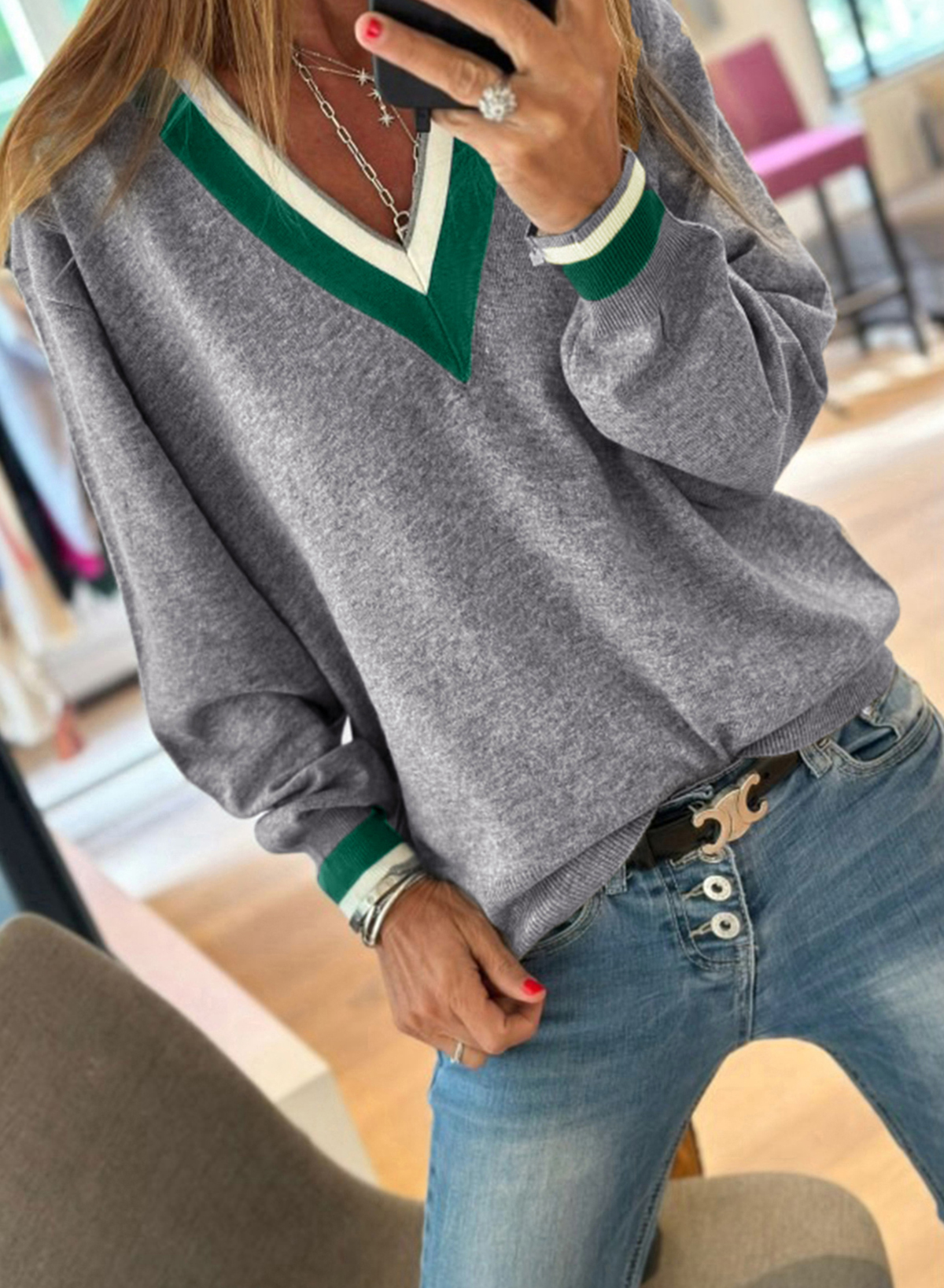 Black Contrast Striped Trim V Neck Varsity Sweater - loveforevers
