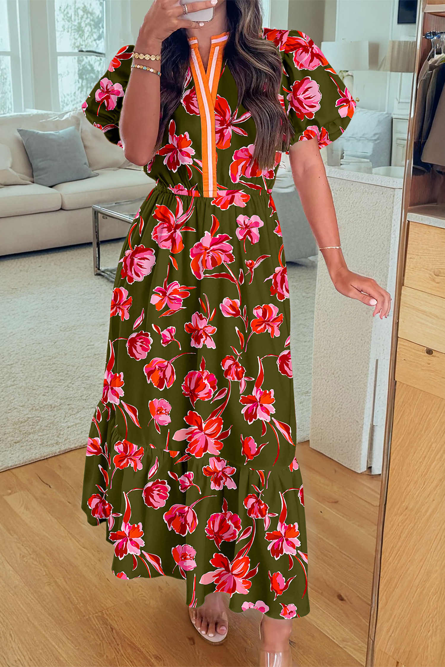 Green Floral Print Striped Trim Split Neck Short Puff Sleeve Ruffle Hem Maxi Dress - loveforevers