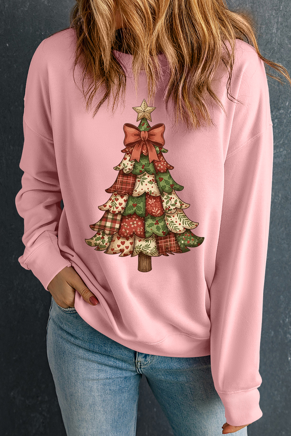 Pink Christmas Tree Graphic Womens Baggy Sweatshirt - loveforevers