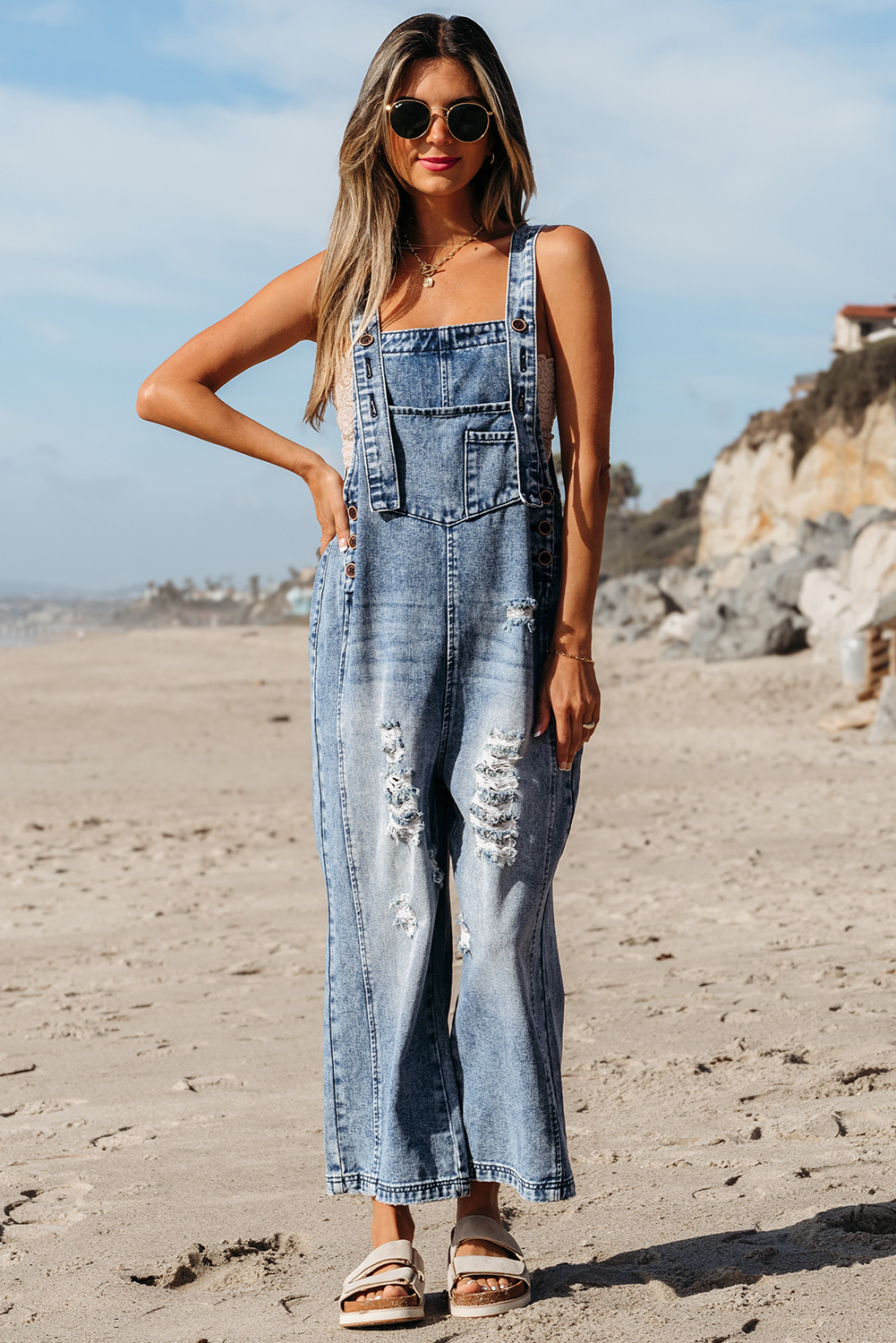 Stone Blue Distressed Bib Pocket Wide Leg Denim Overall - loveforevers