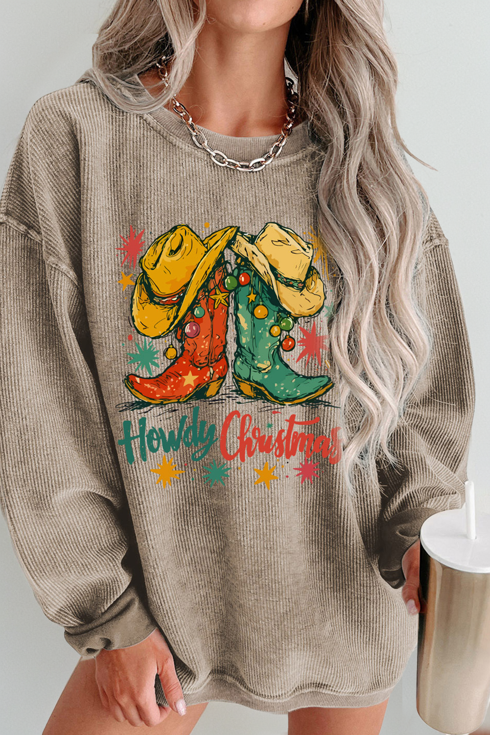 Khaki Howdy Christmas Cowboy Boots Graphic Corded Sweatshirt - loveforevers