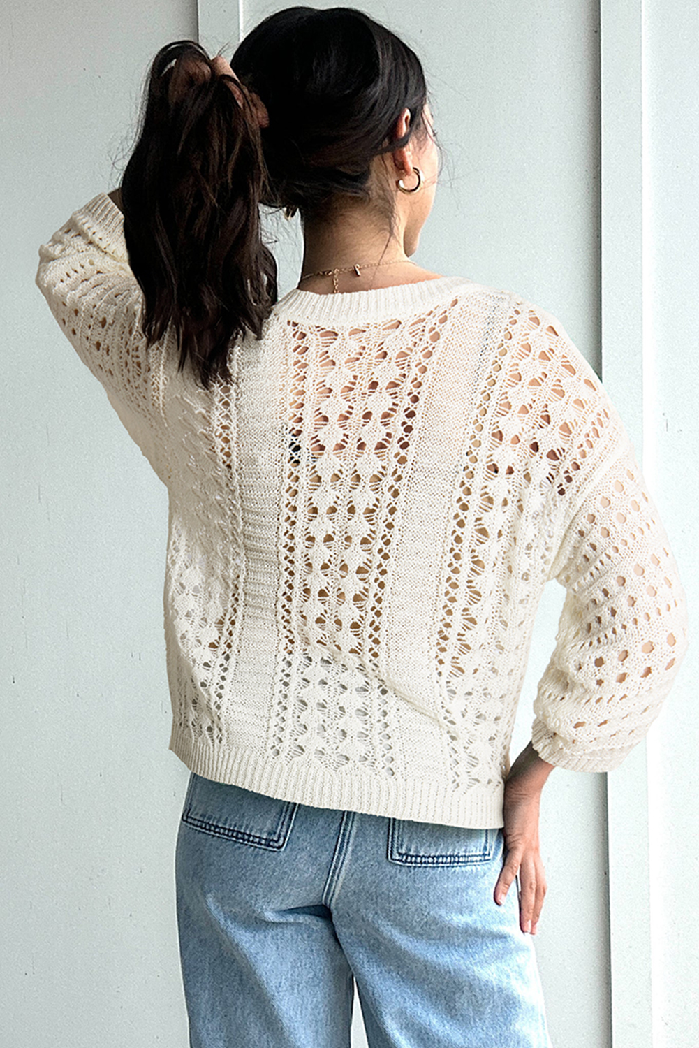 White Hollow Out Knit Bracelet Sleeve Drop Shoulder Sweater - loveforevers