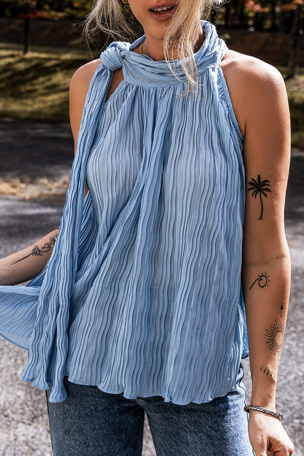 Myosotis Textured Pleated Tied Mock Neck  Flowy Tank Top - loveforevers
