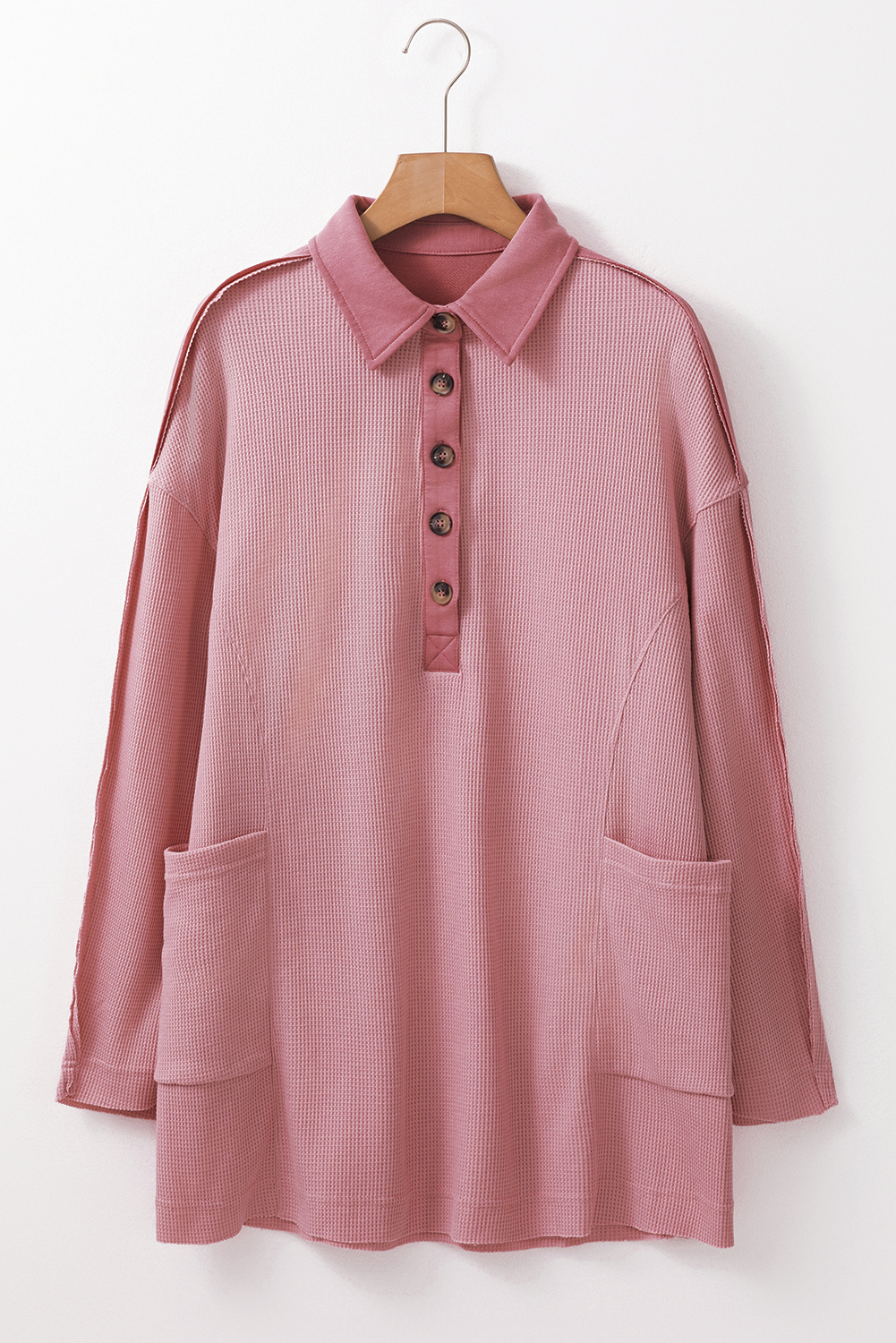 Pink Waffle Long Sleeve Collar Half Button Loose Top - loveforevers
