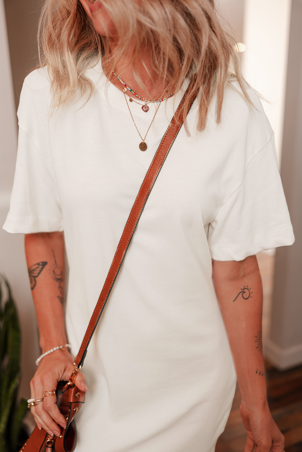 White Drop Shoulder Crew Neck Shift T Shirt Dress - loveforevers