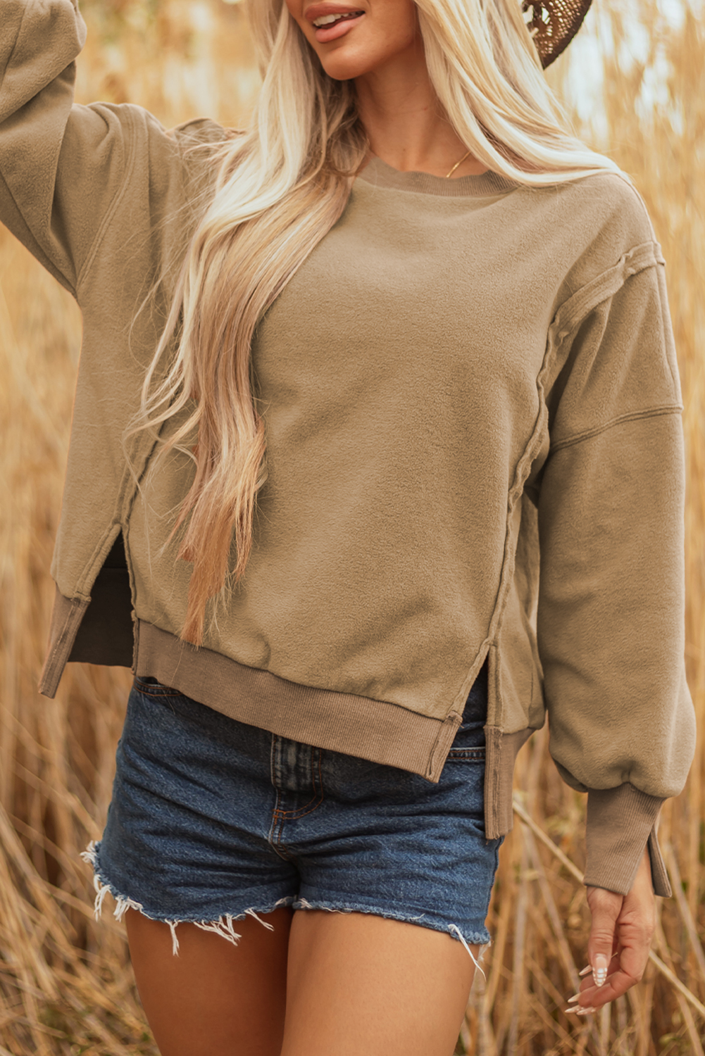 Dark Khaki Fuzzy Sherpa Splicing Pullover Sweatshirt with Side Slit - loveforevers
