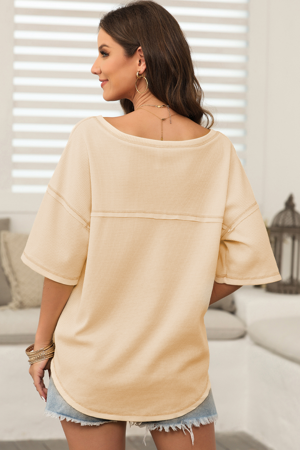 White Exposed Seam Half Sleeve Knitted V Neck Textured Top - loveforevers