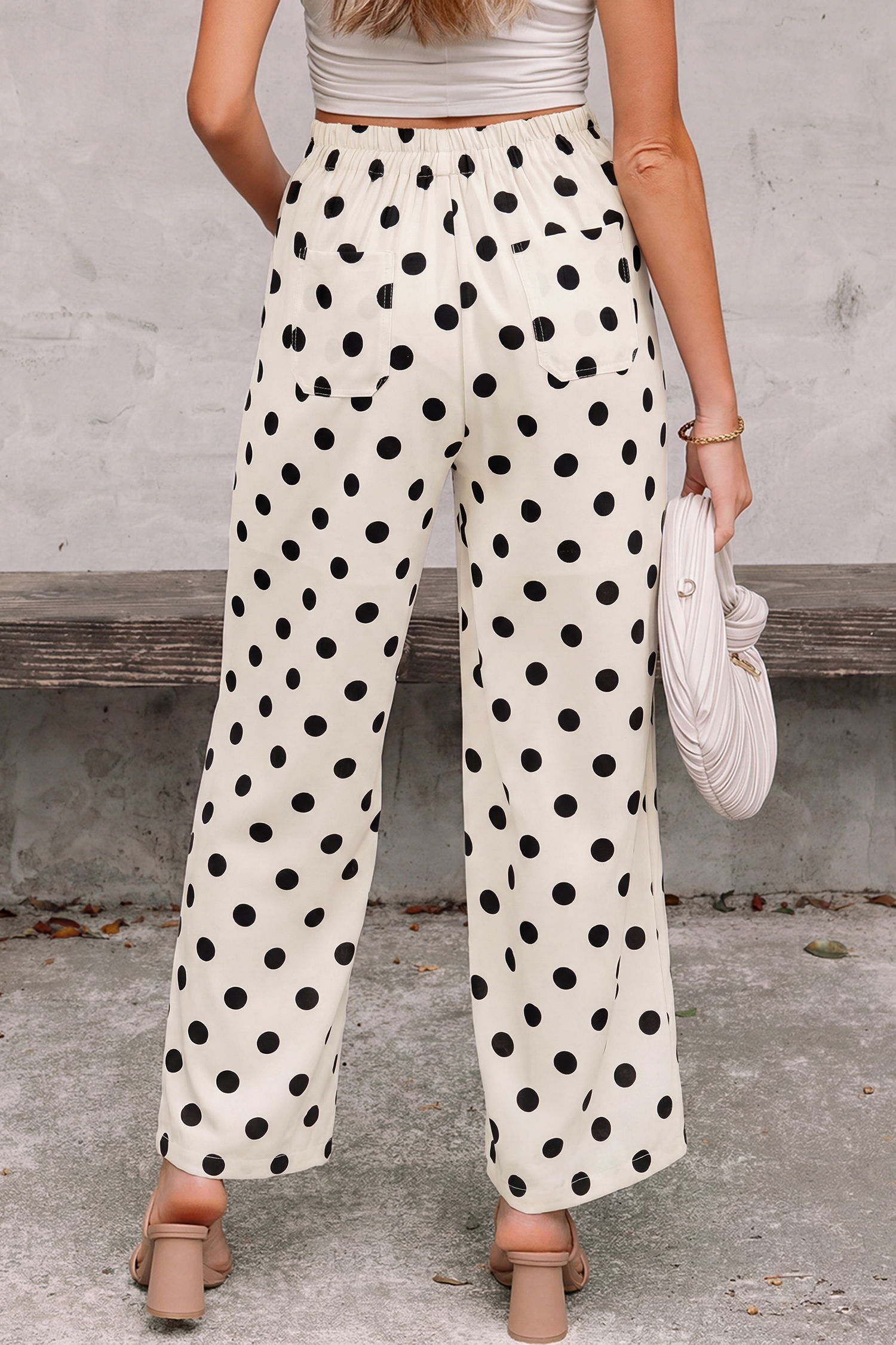 White Polka Dot Print Patched Pocket Loose Pants - loveforevers