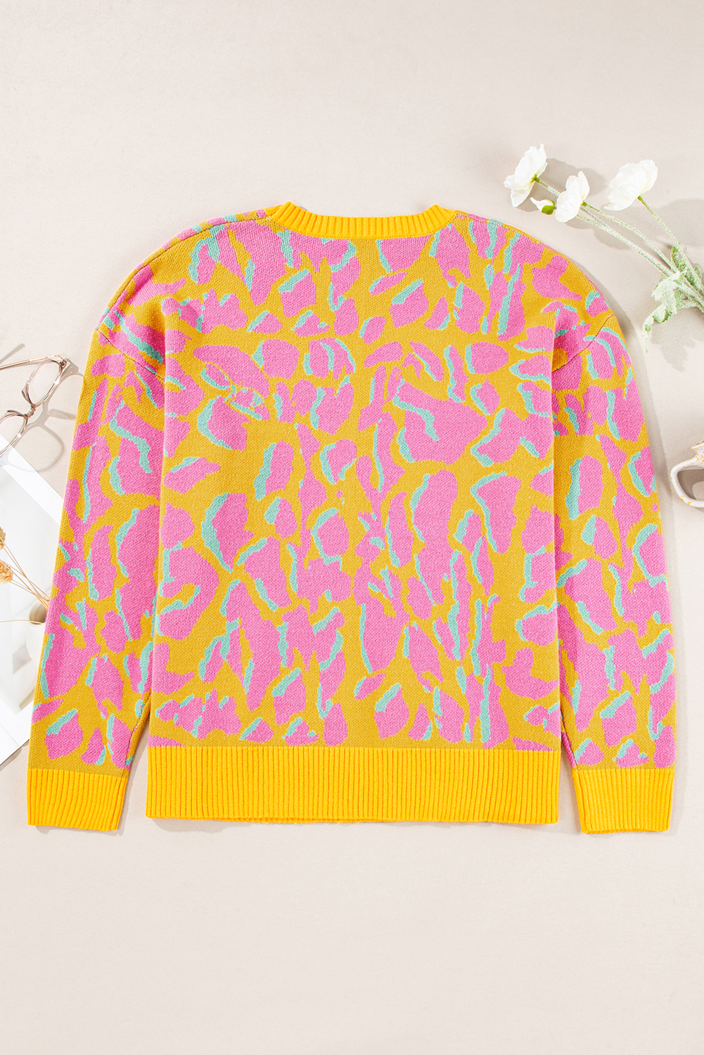 Green Abstract Print Ribbed Trim Baggy Sweater - loveforevers