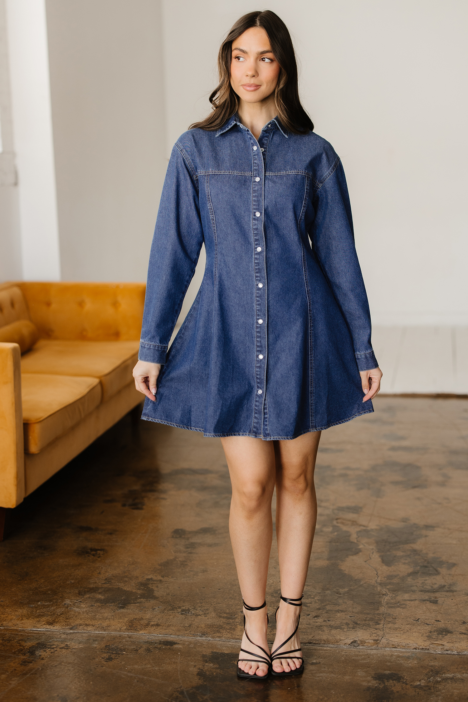 Ashleigh Blue Denim Shirt Collar Long Sleeve Flared Mini Dress - loveforevers