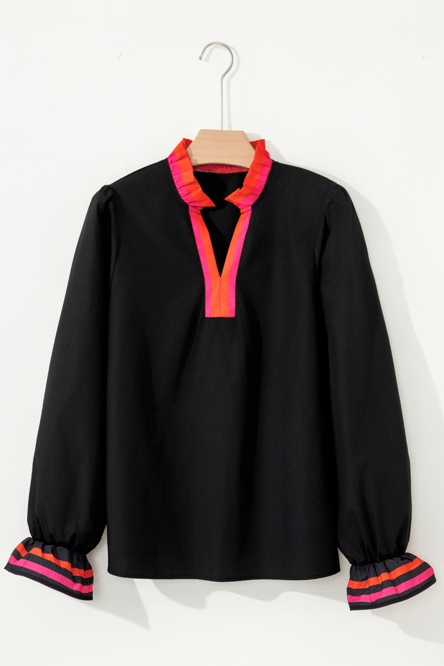 Four Leaf Clover Striped Trim Ruffle Split Neck Long Sleeve Blouse - loveforevers