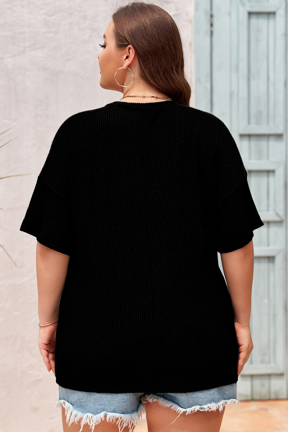 Black Textured V-Neck Dropped Shoulder Plus T-Shirt - loveforevers