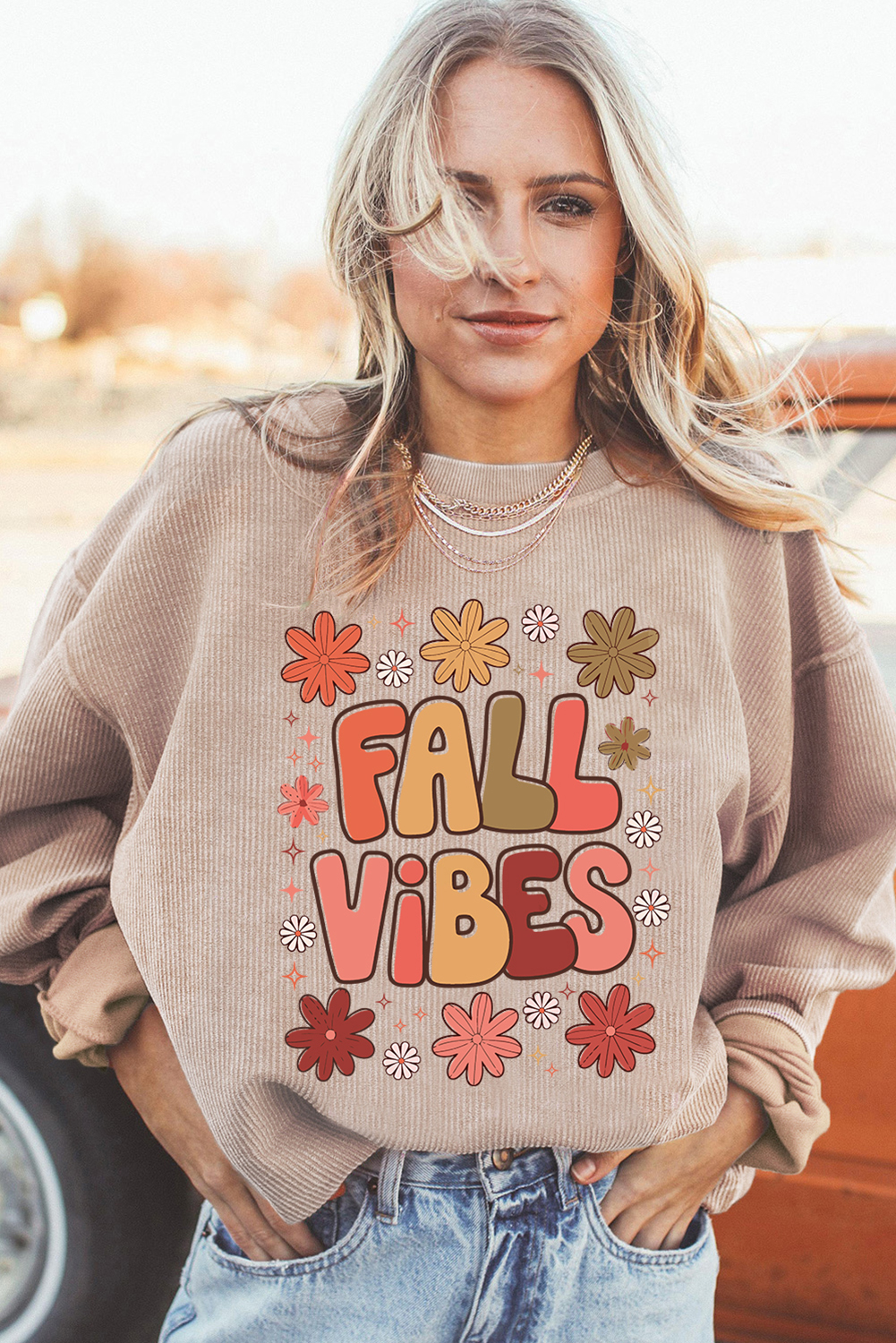 Apricot Twisted Rib FALL VIBE Graphic Baggy Sweatshirt - loveforevers