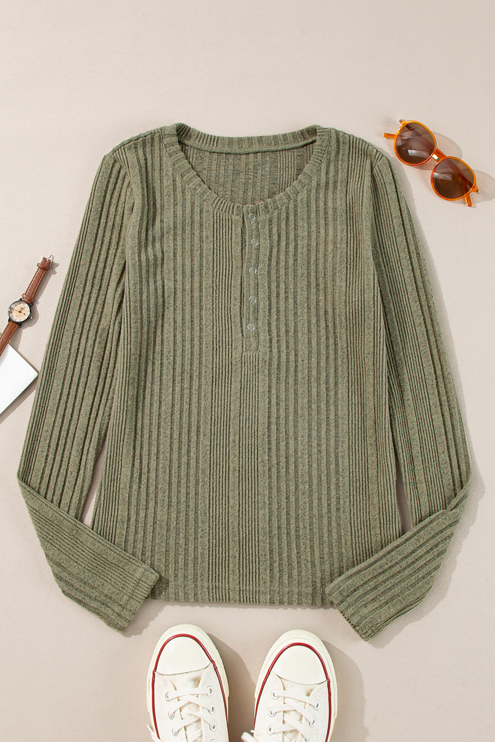 Jungle Green Ribbed Knit Half Button Slim Fit Blouse - loveforevers
