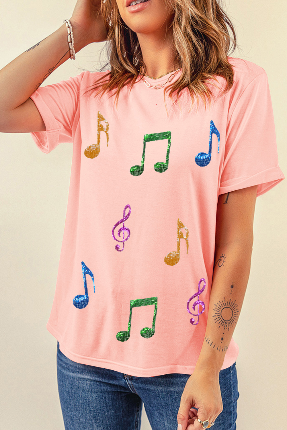 Pink Music Notes Patched Graphic Casual T Shirt - loveforevers