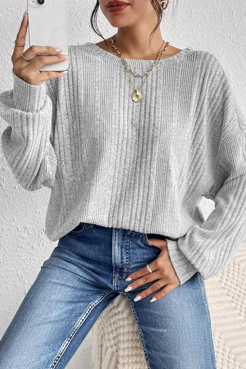Light Grey Textured Crossover Backless Knit Long Sleeve Top - loveforevers