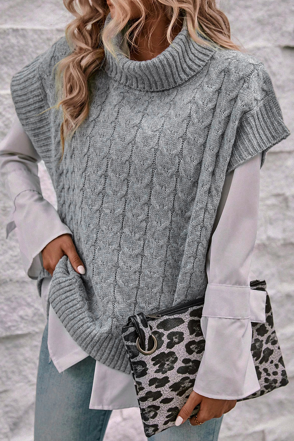 Medium Grey Cable Knit Turtleneck Batwing Sleeve Sweater - loveforevers