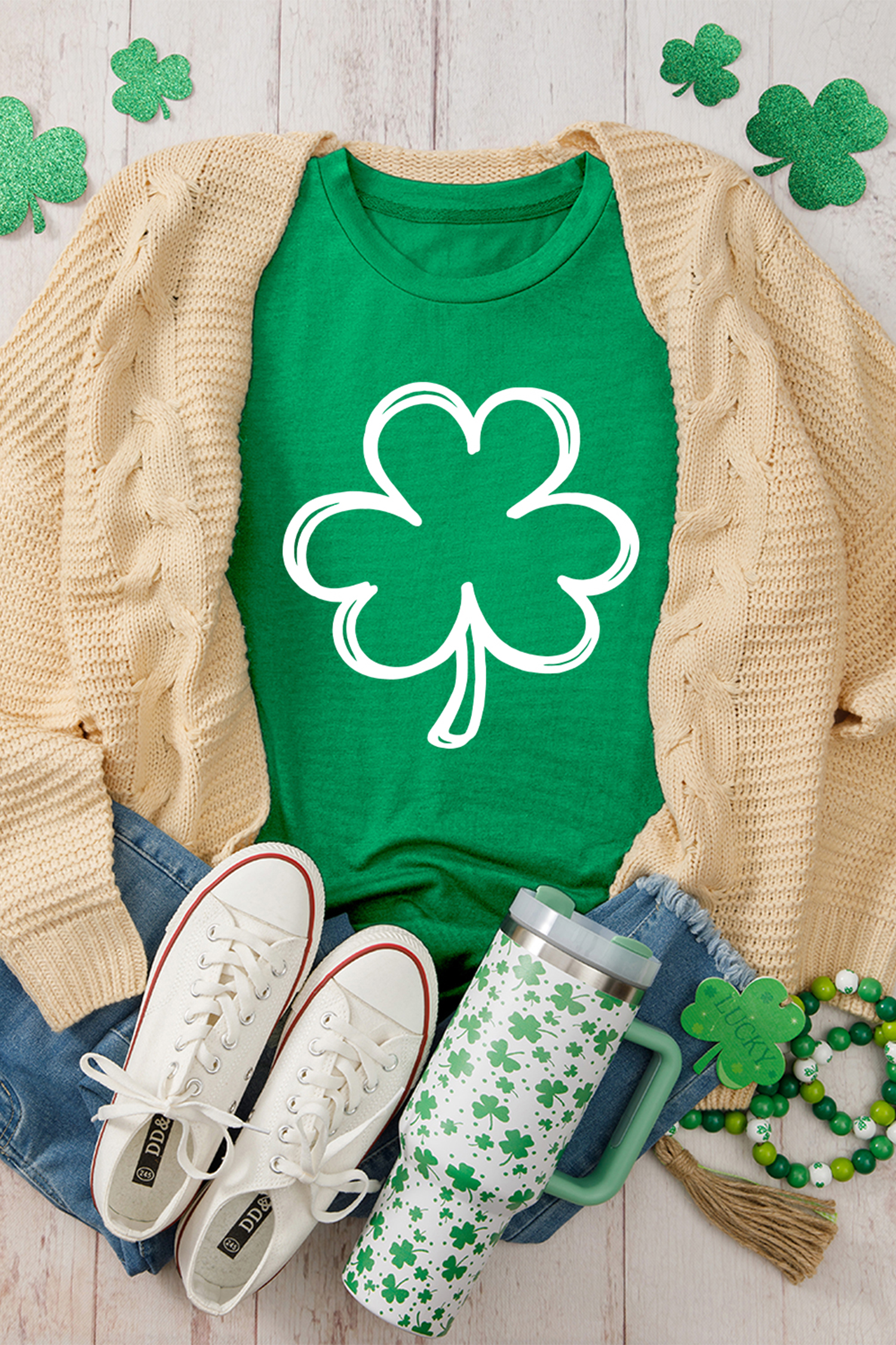 Bright Green St Patricks Day Lucky Shamrock Printed Casual Tee - loveforevers