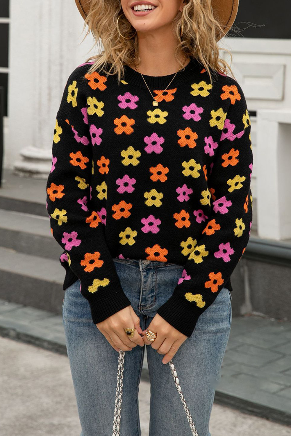 Apricot Cute Flower Allover Ribbed Trimmed Drop Shoulder Pullover Sweater - loveforevers