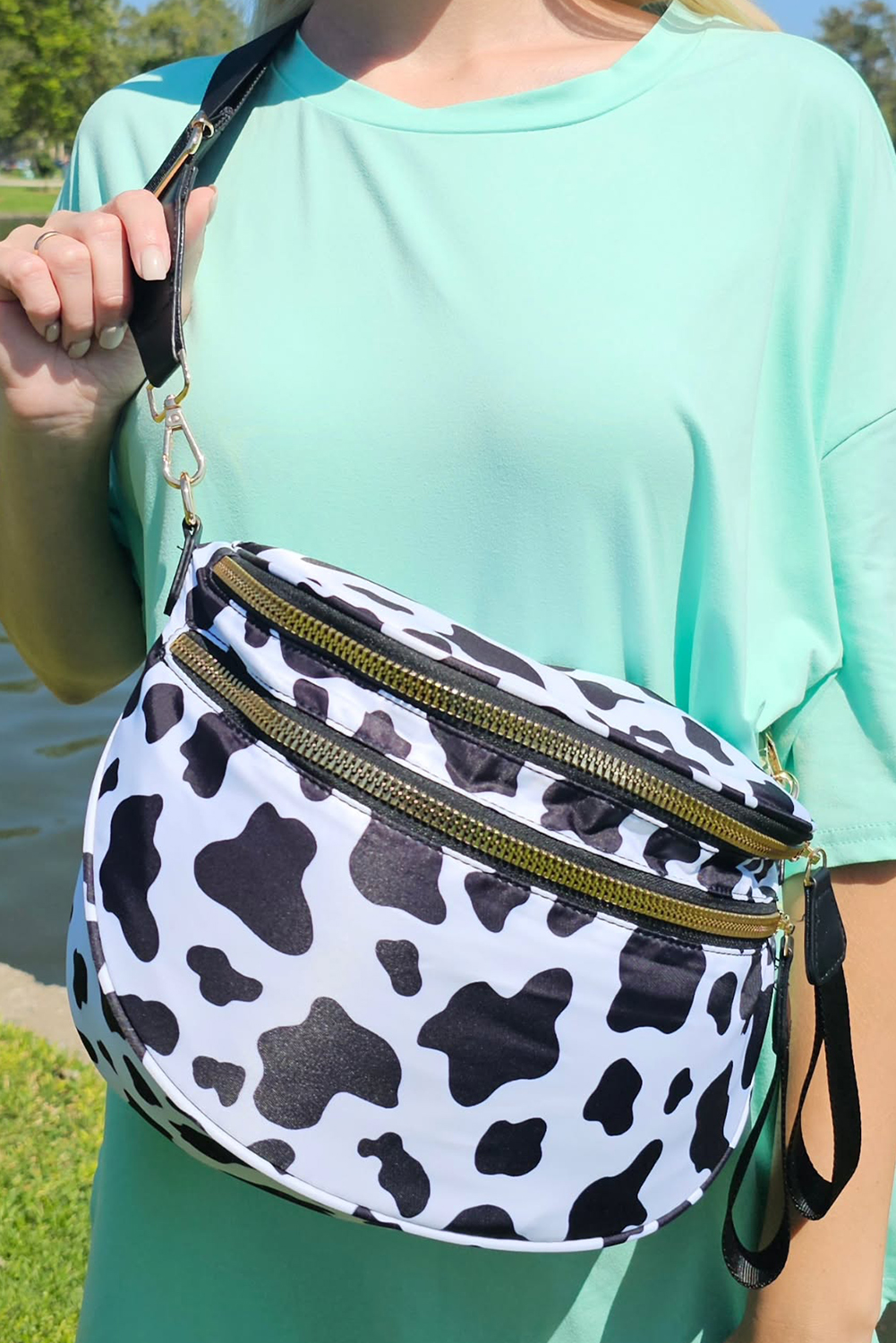 Jungle Green Double Zip Crescent Shape Adjustable Sling Bag - loveforevers