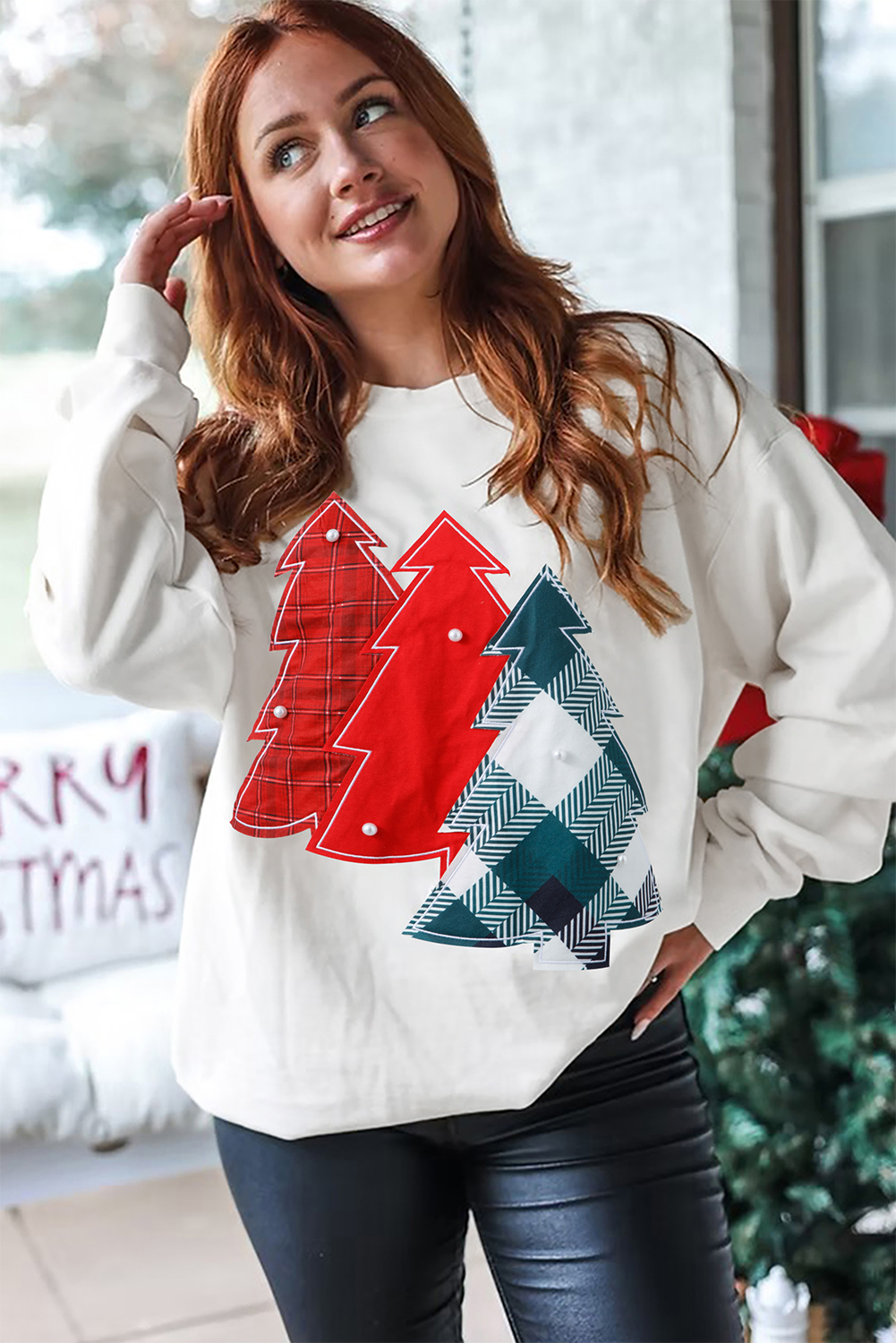 White Pearl Plaid Christmas Tree Patched Drop Shoulder Sweatshirt - loveforevers