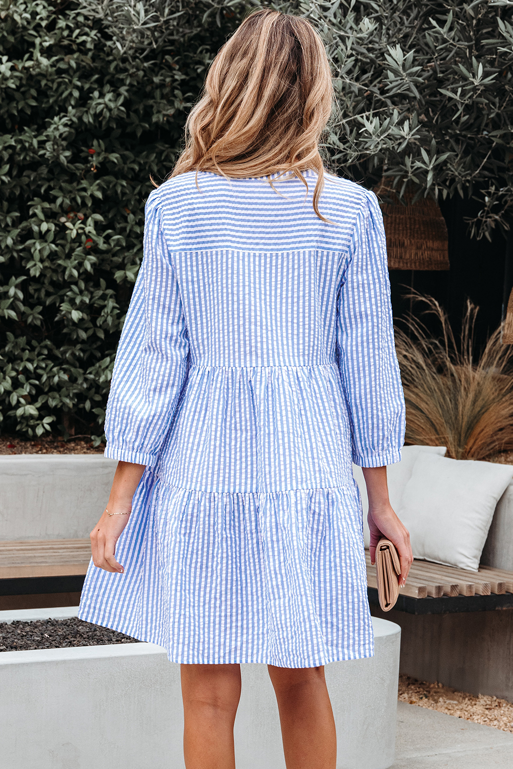 Sky Blue Stripe Bracelet Sleeve Tiered Shift Dress with Pockets - loveforevers