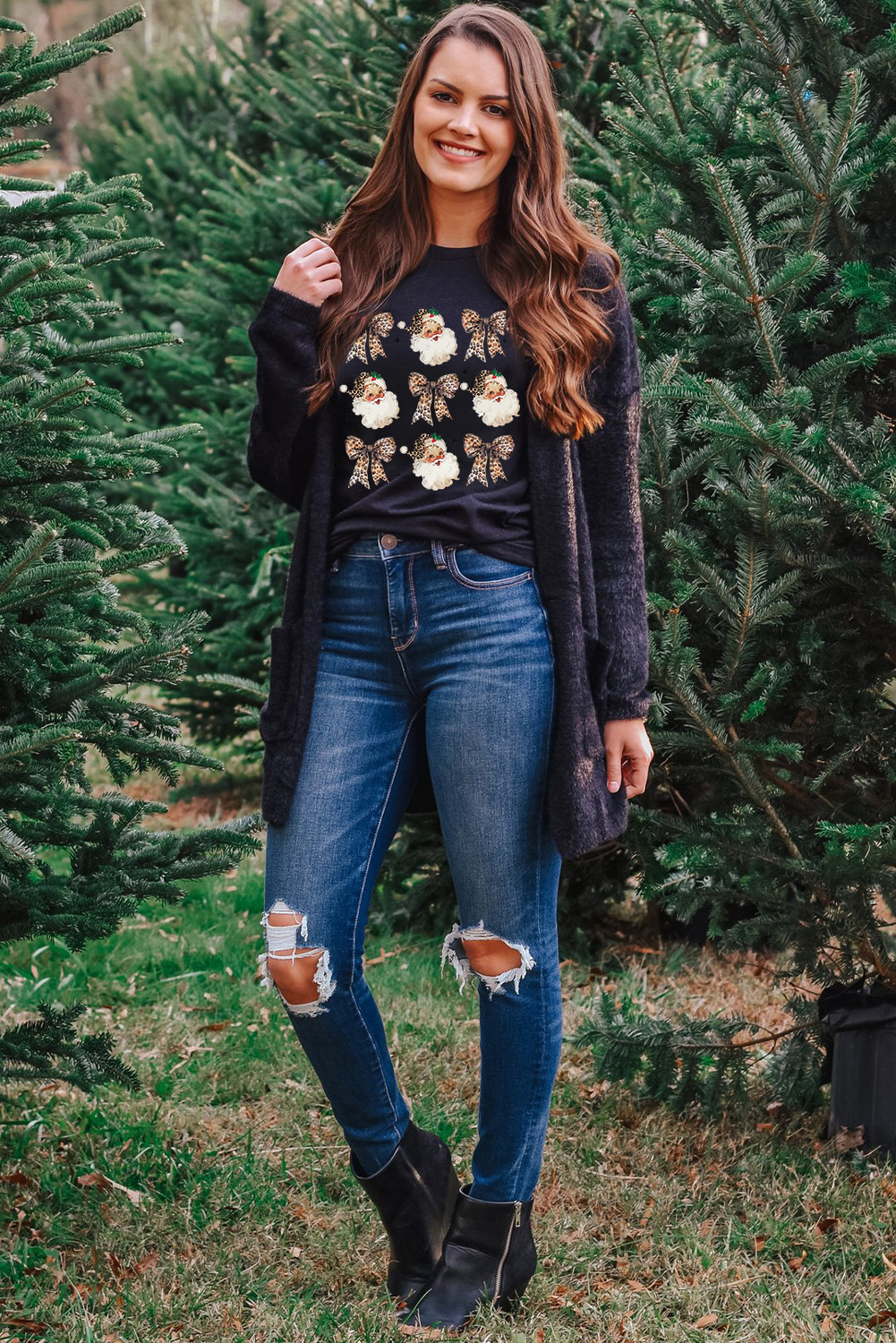 Black Santa Claus Leopard Bow Print Crew Neck Casual T Shirt - loveforevers