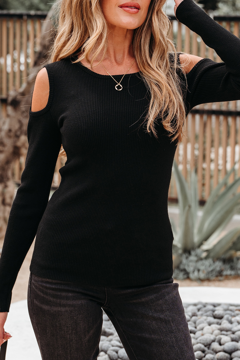 Black Ribbed Knit Cold Shoulder Sweater - loveforevers